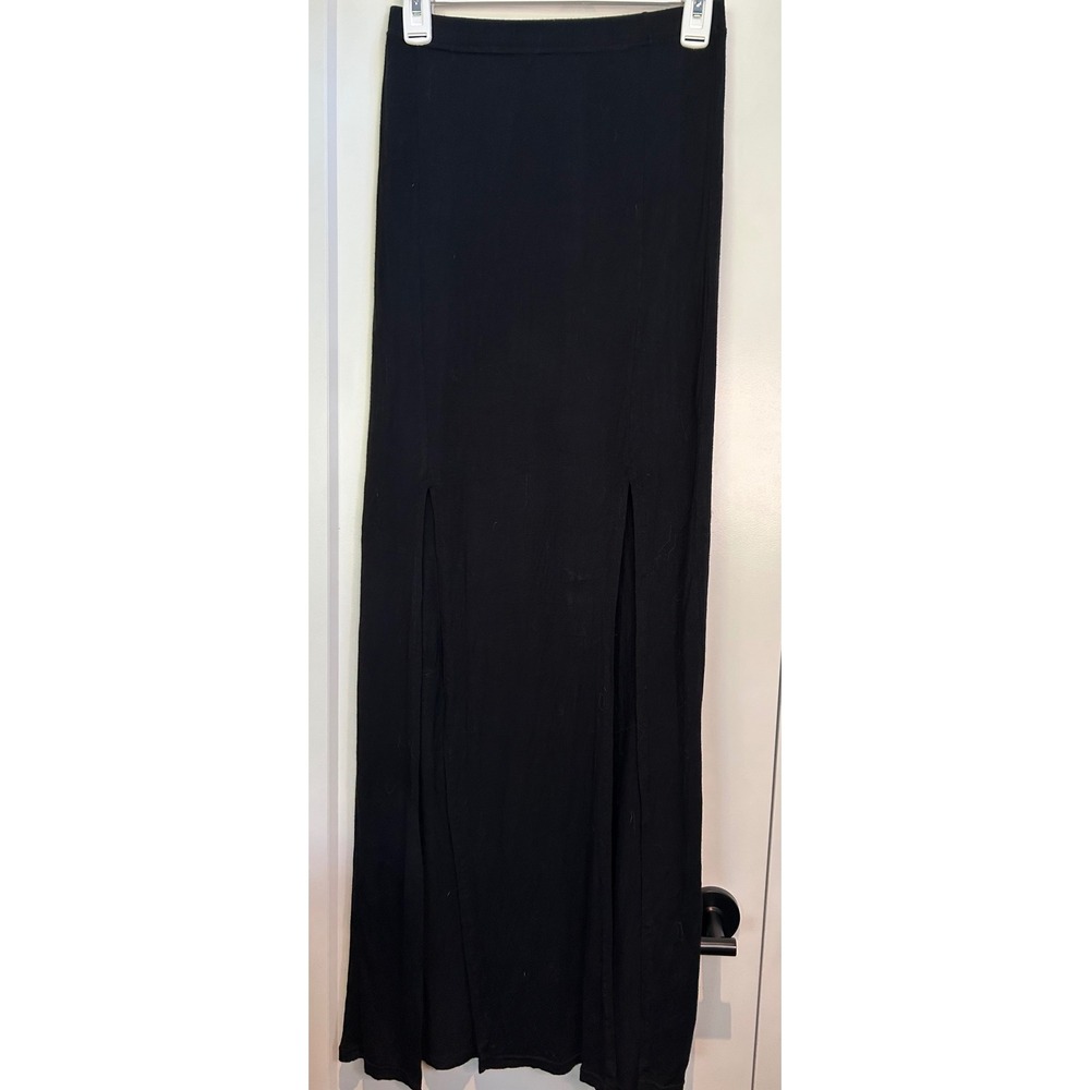 Connection 18 Black Maxi‎ Skirt Dual Front Slits Rayon Stretch Size S Long Skirt
